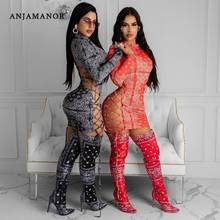 ANJAMANOR Bandana Print Sexy Bodycon Dresses for Women Club Wear Hollow Out Backless Laced Up Long Sleeve Mini Dress D91-CD24 2024 - buy cheap