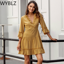 WYBLZ Women Elegant Dress Bohemian Dress 2021 Summer Long Sleeve Mini Sundress Casual Pleated Solid Dress Female Robe 2024 - buy cheap