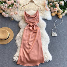 Ordifree-vestido maxi de cetim moda verão 2021, roupa feminina elegante e brilhante, costas abertas, laço, moda praia 2024 - compre barato