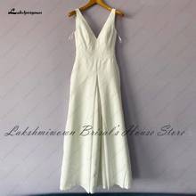 Lakshmigown-Vestido de satén con cuello en V para mujer, traje de boda modesto, Sexy, largo, 2021 2024 - compra barato