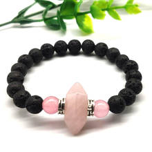 FYJS Unique Silver Plated Small Hexagon Column Rose PinK Quartz Connect Black Lava Stone Beads Bracelet Fashion Jewelry 2024 - buy cheap