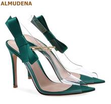 ALMUDENA Emerald Satin Cloth Bowtie High Heel Pumps Clear PVC Pointed Toe Dress Shoes Slingback Open Toe Butterfly-Knot Sandals 2024 - buy cheap