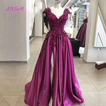 Fuchsia V-Neck Satin Evening Dresses 2020 Vestidos De Fiesta Floor Length Lace Appliques Side Split Princess Party Gowns 2024 - buy cheap