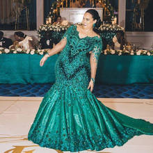 Luxury Beaded Appliques Prom Dresses Mermaid Emerald green Evening Dress Long Sleeves Lace Aso Ebi Women Party Gowns Plus Size 2024 - buy cheap