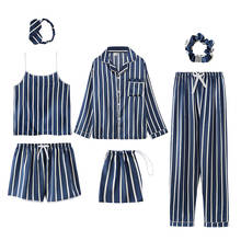 New 2021 Spring Summer 7 Pieces Set Silk Elegant Women Pajamas Print Short Long Sleeve Top Elastic Waist Pant Full Sleepwear Set 2024 - buy cheap