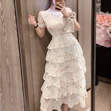 2020 New fashion white Lace Embroidery Maxi Dress Female Summer short sleeve high waist Ruffles elegant Long party dresses 2024 - buy cheap