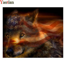 Pintura de diamante artesanal, Kit de punto de cruz bordado de Lobo con bandera americana, Cuadrado completo, artesanal, 5D 2024 - compra barato