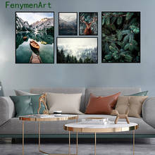 Pintura en lienzo de bosque antiniebla, ciervo, Animal, arte de pared, impresión nórdica, paisaje de lago de montaña, póster, imagen decorativa de naturaleza, decoración del hogar 2024 - compra barato