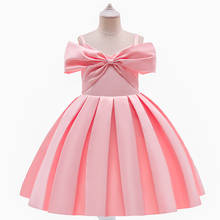 2021 rosa grande arco flores vestido de princesa para verão cetim spagetti correias crianças roupas da criança meninas vestidos festa 2024 - compre barato