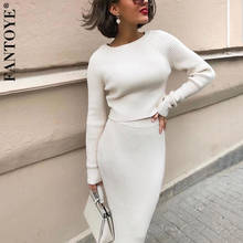 FANTOYE Ribbed Irregular Long Sleeve Knitting Two Pieces Dress Suits Autumn Elegant O Neck Top Mid-Calf Elastic Dresses Outfits 2024 - buy cheap