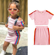 Kawgeett roupas de verão para crianças, de bebê menina, listrada, manga curta, mini saia listrada, conjunto de roupa fashion 2024 - compre barato