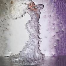 Sparkly Rhinestone White Pink Feather Long Tail Dress Women Elegant Evening Wedding Celebrate Prom Party Dress Singer Stage Wear 2024 - buy cheap