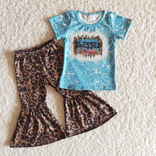 Оптовая продажа, Детские комплекты, одежда для маленьких девочек, с коротким рукавом, синяя рубашка с завязкой, леопардовые штаны с колокольчиком, Детская Милая одежда 2024 - купить недорого