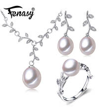 FENASY-Conjuntos de joyería de plata de ley 925 para mujer, collares de perlas naturales de agua dulce, colgante de flor, pendiente de gota, anillo 2024 - compra barato