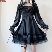 Vestido de princesa Negro estilo Lolita, minivestido de fiesta con volantes de encaje, cuello de barco, cintura alta, gótico, manga abombada, 2021 2024 - compra barato