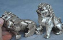 Pair chinese silver fengshui Auspicious wealth foo dog lion Guardian beast statue 2024 - buy cheap