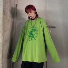 Camiseta verde para mujer, Camisa de algodón con cuello redondo, Hip-hop, informal, Harajuku, gótica, de dragón, vegana de manga corta 2024 - compra barato