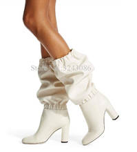 Botas largas de mujer de tacón grueso de goma plisada holgadas de moda botas largas de cuero negro blanco gris grueso Talón de rodilla botas de gran tamaño 2024 - compra barato