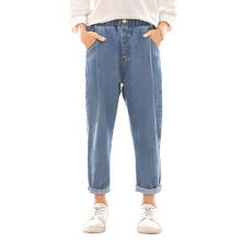 Весенние джинсы для девочек, однотонные плиссированные детские джинсы, детские джинсы с эластичным поясом, повседневная осенняя одежда для девочек 6, 8, 10, 12, 14 лет 2024 - купить недорого