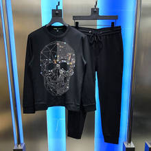 Conjunto de agasalho fashion com capuz + calças masculino, conjunto de agasalho esportivo clássico de flanela com caveira e flash, 2 peças 2024 - compre barato
