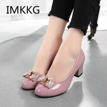 2018 round toe pumps women shoes med heels shallow slip on with butterfly knot square heels sweet female shoes V131 2024 - buy cheap