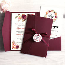 100pcs Wedding Invitations Burgundy Pink Blue Pocket Greeting Cards with Envelope Customized Party with Ribbon and Tag 2024 - buy cheap