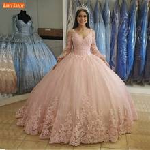 Fashion Pink Wedding Gowns V Neck Lace Appliqued Beaded Tulle Ball Gown Wedding Dress Long 2020 Africa Custom Made Bride Dresses 2024 - buy cheap