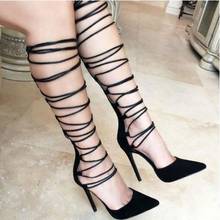 Drop Shipping Summer Woman Fashion Suede Black Nude Cross Lace Up Sandals Boots Cover Heel Gladiator Knee High Long Heels Boots 2024 - buy cheap