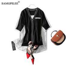 Blusa informal de estilo coreano para mujer, blusa de oficina a rayas con cuello en V y Media manga con bolsillos, talla grande 4XL, 2021 2024 - compra barato