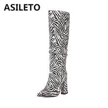 Asileto botas femininas acima dos joelhos, plissadas, bico de bico fino, 10cm, salto quadrado, slip-on, tamanho grande, couro patenteado, zebra, inverno s2081 2024 - compre barato