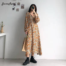 JuneRain Vintage Mid-Calf Dress Sweet V-neck Floral A-Line Long Dress Spring Autumn Casual Loose Dress Korean Fashion Vestidos 2024 - buy cheap