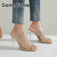 Sianie tianie sandálias femininas transparentes, sapatos de salto alto fino transparente, com abertura nas costas, em pvc e cristal, para mulheres 2024 - compre barato