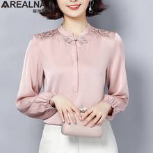 Elegant Satin Blouse Women Luxury Embroidery Stand Collar Vintage Imitation Silk Women's Shirt Black White Top Blusas Y Camisas 2024 - buy cheap