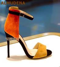 ALMUDENA Orange Mustard Yellow Suede Patchwork Sandals Stiletto Heels Multi-color Buckle Strap Dress Shoes Colorized Pumps 2024 - buy cheap