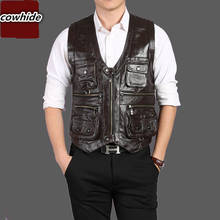 Brand Genuine Cow Leather Vest Mens Photography Vest With Many Pockets Brown Motorcycle Jacket Male Waistcoat 01 2024 - buy cheap