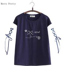 Navy Blue Cartoon Cat Embroidery Lace Up T-Shirts Funny Cotton T Shirts For Women Casual O-Neck Short Sleeve Bottoming Tops 2024 - buy cheap