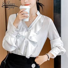 Autumn 2021 New Fashion Elegant Women Tops Casual Women Blouses Women Shirts Solid Women Clothing Long Sleeve V-neck 6142 50 2024 - buy cheap