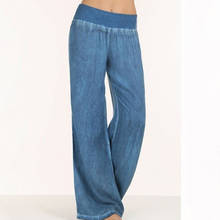 2022 Casual Loose Solid Full Length Denim Pants Elastic Waist Mid Waist Pleated Wide Leg Pants  NQ900684 2024 - buy cheap