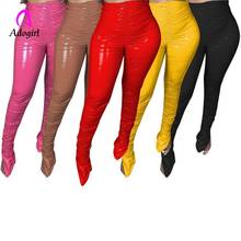 Leggings apilados para mujer, pantalones de cuero PU de Color liso, cintura alta, elásticos, plisados, acampanados, informales, de fondo liso 2024 - compra barato