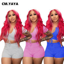 CM.YAYA Casual Shorts Set Women Solid Skinny Elastic V-neck Pullover Shirring Crop Tops High Waist Shorts Two Piece Sets Summer 2024 - buy cheap