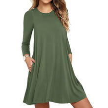 Vestido feminino para outono e inverno, novo vestido de bolso com manga comprida em cor sólida, branco, cinza, verde, preto, marrom, gola em o, 2019 2024 - compre barato