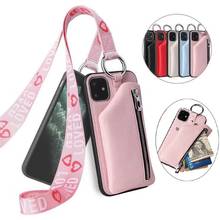 Leather Zipper Pocket Wallet Case for iPhone 11 Pro Max 12 6s 7 8 Plus SE 2020 X XS MAX XR Neck Lanyard Purse Phone Cover Case 2024 - buy cheap