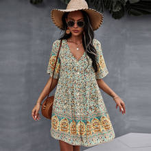 2021 Spring Print Short Dress Women Casual V Neck Bohemian Short Sleeve Dress for Woman Fashion Sexy Summer Dress 2024 - buy cheap