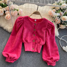 New 2021 Spring Autumn Women Corduroy Shirt Round Neck Single Breasted Long Puff Sleeve Vintage Blouse Female Fashion Crop Tops 2024 - buy cheap