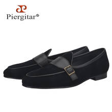 Piergitar 2021 Black Suede Leather Men's Loafers With Bronze Metal Buckle British Classic Slip on Men Smoking Slippers Plus Size 2024 - buy cheap