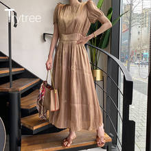 Trytree 2020 Summer women Casual Dress O-neck Solid Golden Fashion Loose A-line Vintage Elegant Office Lady Mid-Calf Dress 2024 - buy cheap