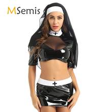 Womens Naughty Nun Carnival Cosplay Costume Halloween Roleplay Outfit Mock Neck Crop Top with Mini Bodycon Skirt and Headpiece 2024 - buy cheap