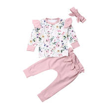 Conjunto de roupas florais com babados para outono, roupas florais para bebês meninas tops com calças e tiara com 3 peças 2024 - compre barato