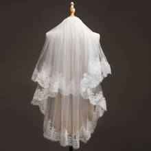 Véu de casamento com pente, aplique com borda curta, véu de noiva de tule, duas camadas, comprimento do cotovelo, capinação 2024 - compre barato
