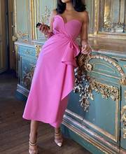 Vintage Short Satin Hot Pink Evening Dresses with Bow V-Neck Tea Length Zipper Back Pleated Formal Party Dress for Women 2024 - buy cheap